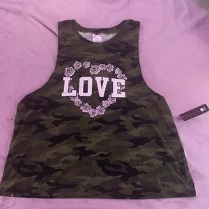 Camouflage tank top that says “love” on it